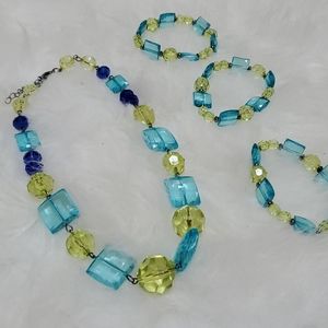 Necklace bracelet stack set blue green